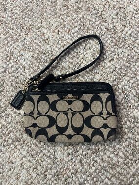 Coach Black and Khaki Signature Logo Wristlet